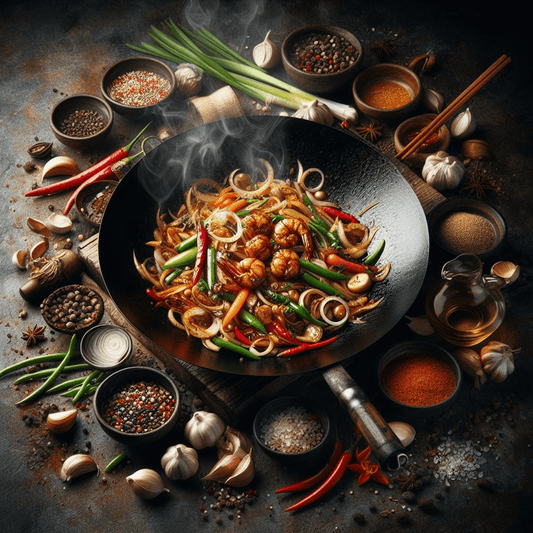 un wok avec une recette préparée sur un plam de travail entouré d'ingrédients pour wok