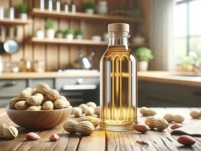 bouteille huile d'arachide sur une table entourée d'arachides