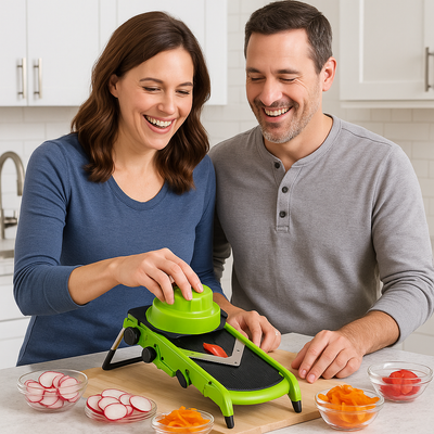 mandoline cuisine verte en utilisation par une femme avec son mari