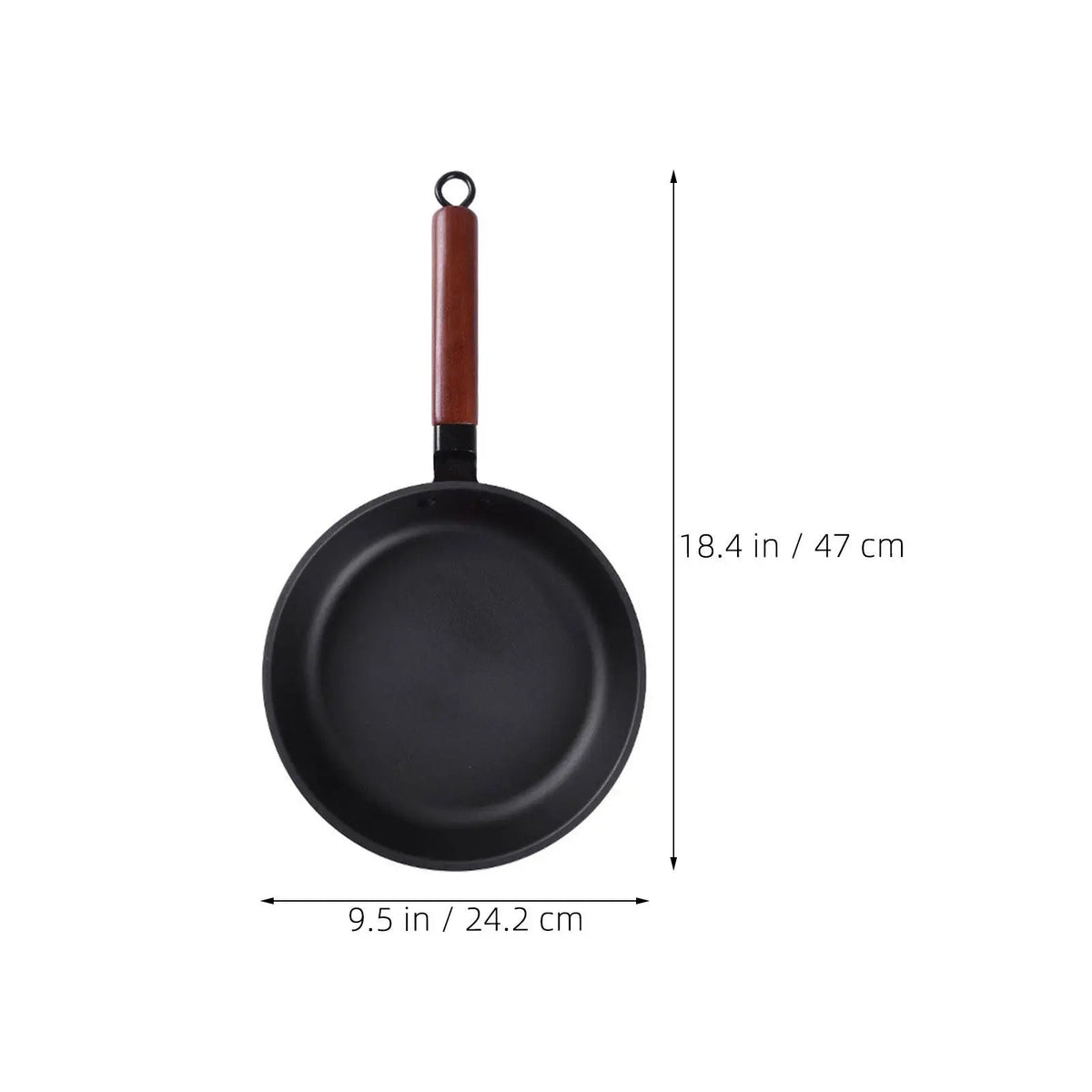 Wok KUROKO vu du dessus : diamètre de 24,2 cm et longueur totale de 47 cm, manche compris