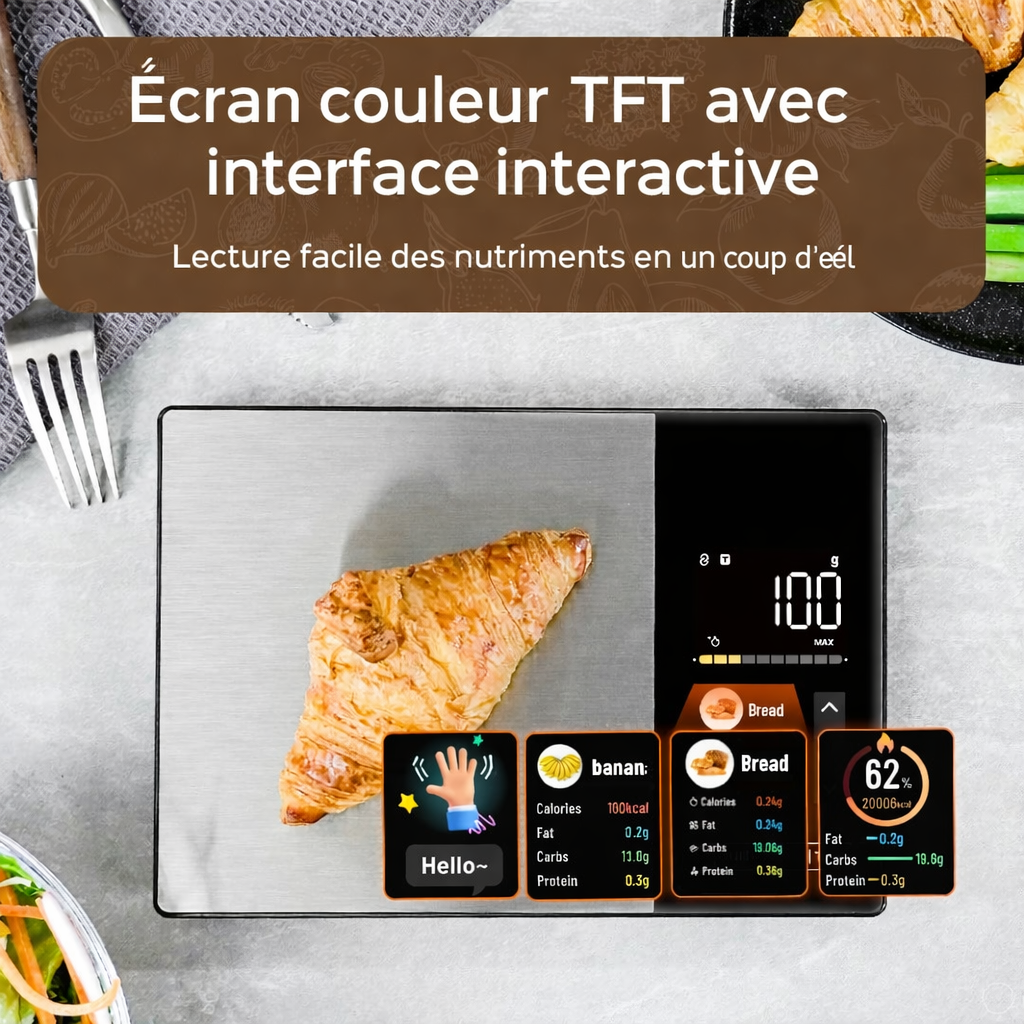 Balance cuisine connectée NutriConnect avec écran digital et application santé pour une cuisine intelligente