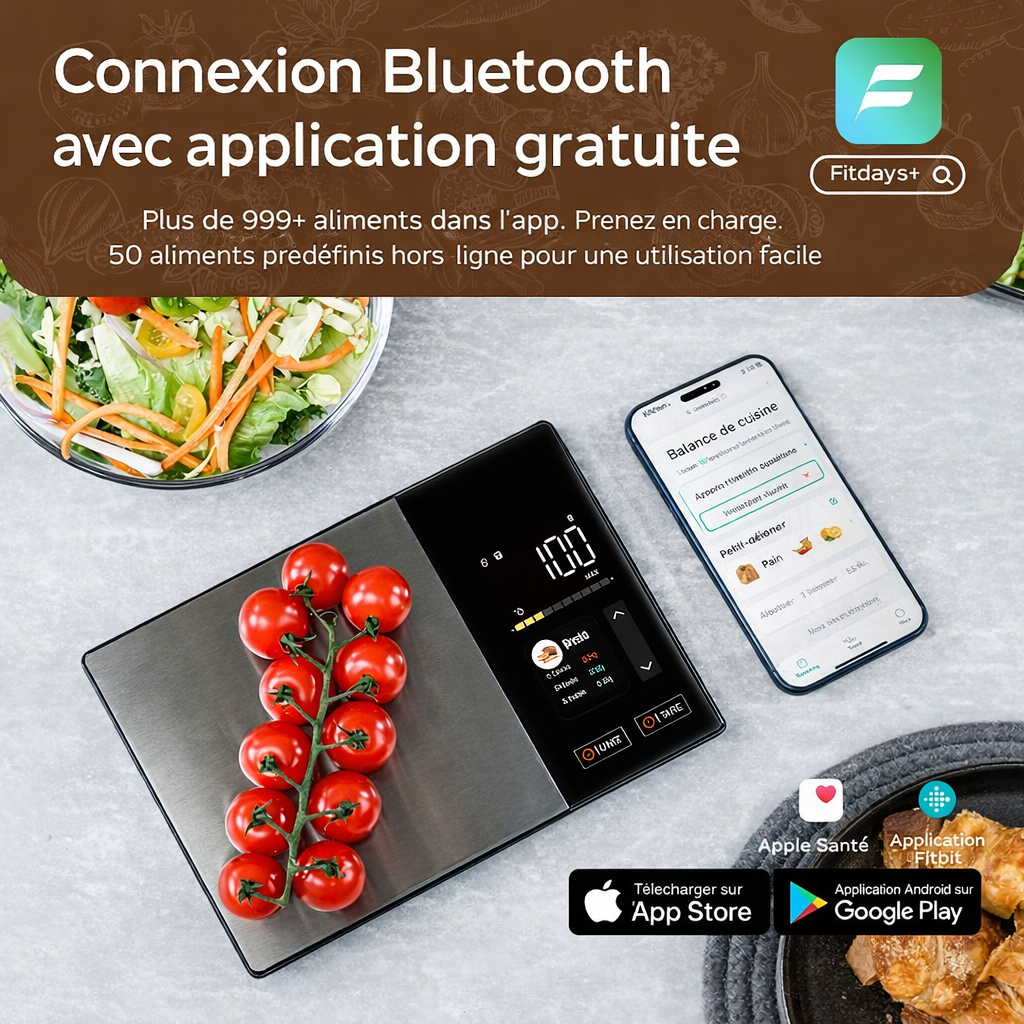 Balance cuisine connectée NutriConnect synchronisée au smartphone pour contrôler calories et portions facilement