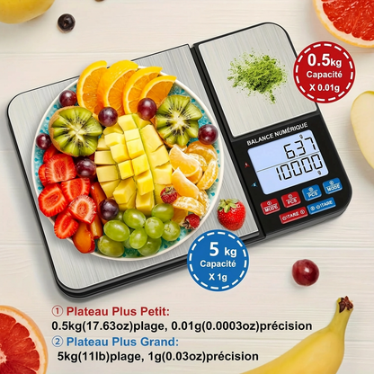 Balance de cuisine double précision avec grande plateforme 10kg et mini balance 500g