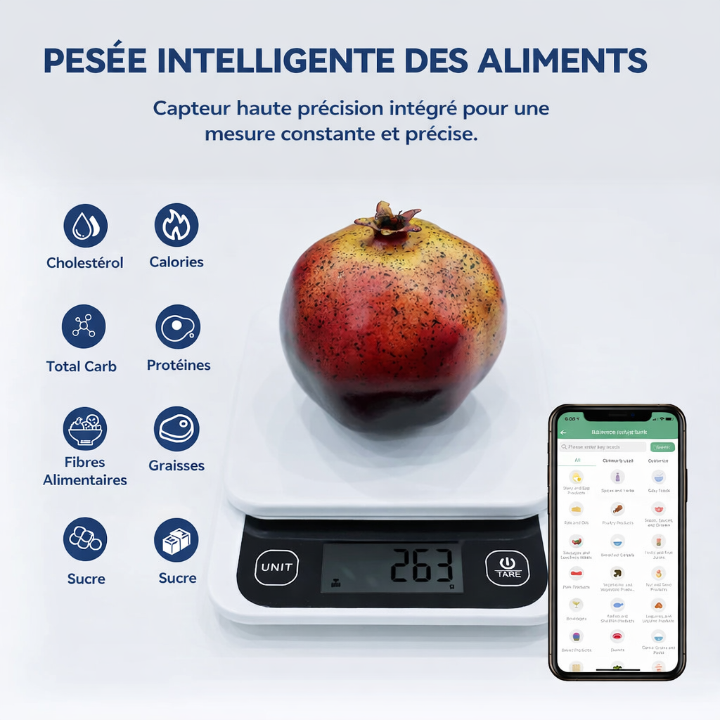 Balance electronique connectée utilisée pour peser ingrédients alimentaires