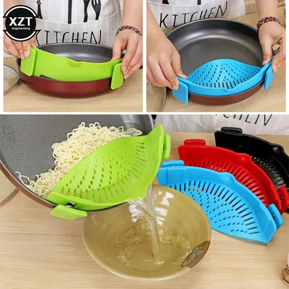 Kitchen Strainer Clip Pan Silicone Drain Rack Bowl Funnel Rice Pasta Vegetable Washing Colander Draining Excess Liquid Univers
