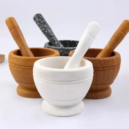 Les coloris du mortier et pilon PILOMIX : blanc, bois clair, bois foncé et granit