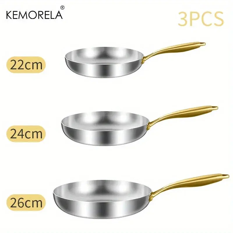 KEMORELA 3PCS 316 Stainless Steel Gold Handle Non-Stick Frying Pan Set 2MM Thick 5-Ply Wok Pan Food Grade Safety Multiple Sizes Smarty Chef