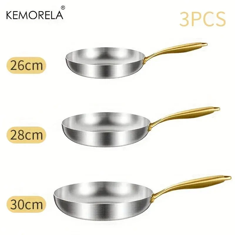 KEMORELA 3PCS 316 Stainless Steel Gold Handle Non-Stick Frying Pan Set 2MM Thick 5-Ply Wok Pan Food Grade Safety Multiple Sizes Smarty Chef