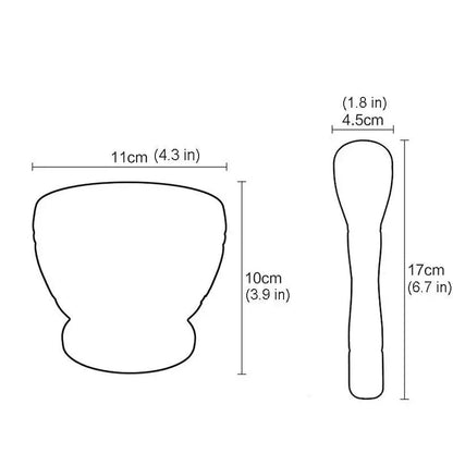 Dimensions du mortier et pilon PILOMIX : mortier 11 x 10 cm, pilon 17 cm