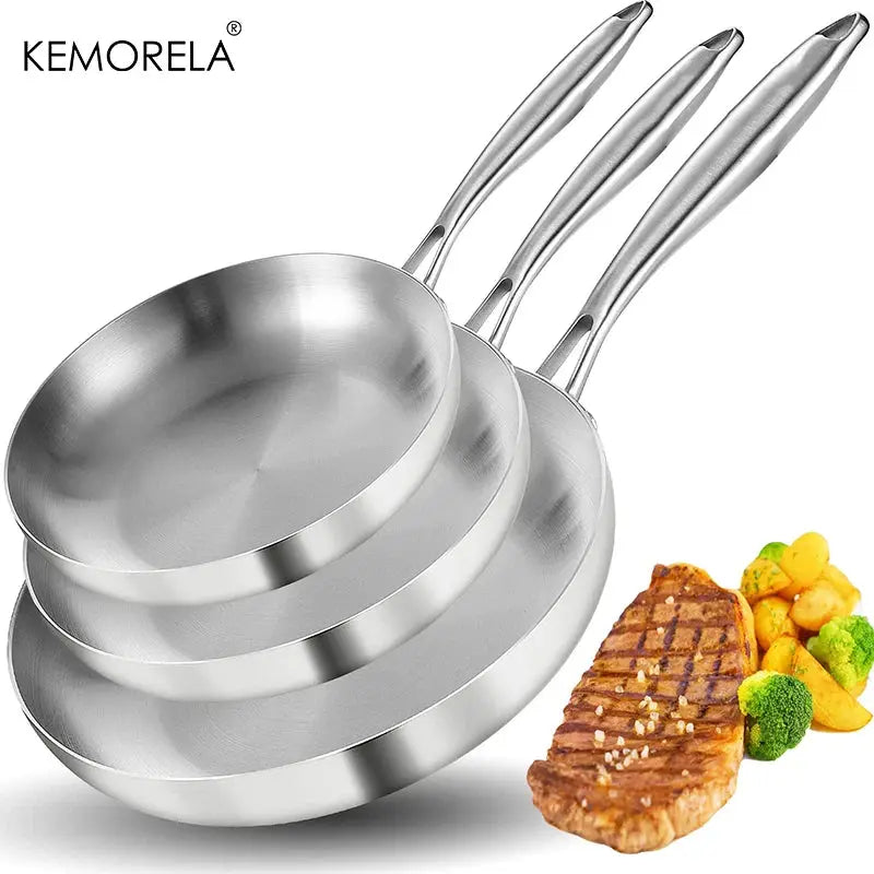 2/3PCS Frying Pan 22/24/26/28CM 304 Stainless Steel 2MM Thick Wok Pan 5 Ply Steel Food Grade Non-Stick Pans for Cooking Pot Smarty Chef