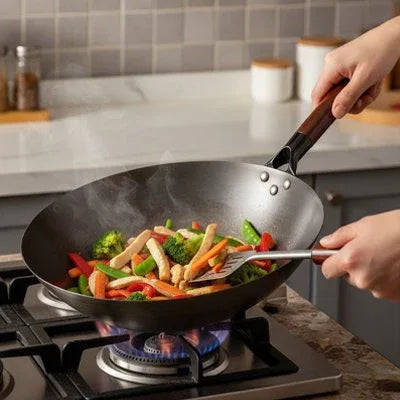 Poêle Wok Gourmet Prestige développant une patine naturelle au culottage